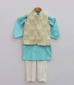 Off white Embroidery Jacket with Sky Blue Kurta and Churidar Pant