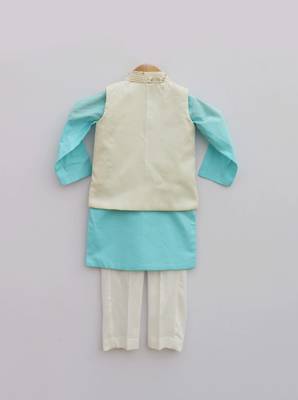 Off white Embroidery Jacket with Sky Blue Kurta and Churidar Pant 2