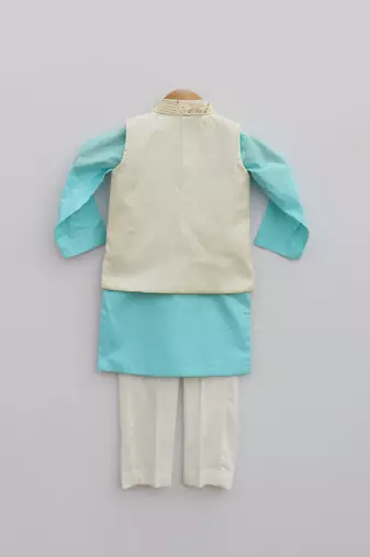 Off white Embroidery Jacket with Sky Blue Kurta and Churidar Pant