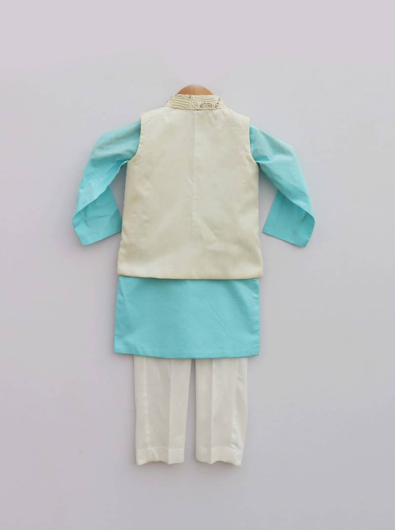 Off white Embroidery Jacket with Sky Blue Kurta and Churidar Pant