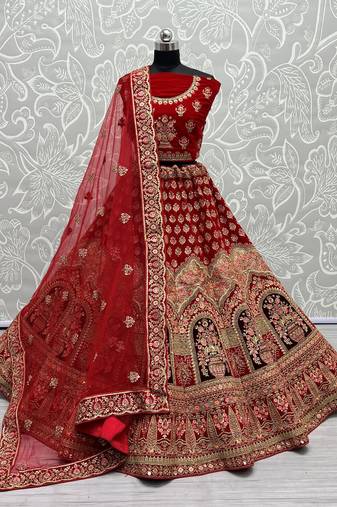 Women's Red Velvet Multi Thread Embroidered with Zircon Diamond Wedding Lehenga Choli