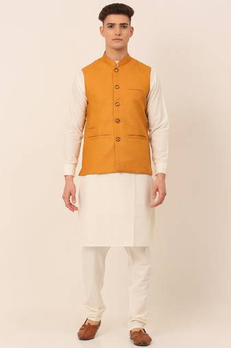 Men mustard solid blended cotton kurta jacket set