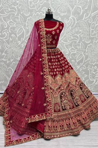 Women's Rani Pink Velvet Multi Thread Embroidered with Zircon Diamond Wedding Lehenga Choli