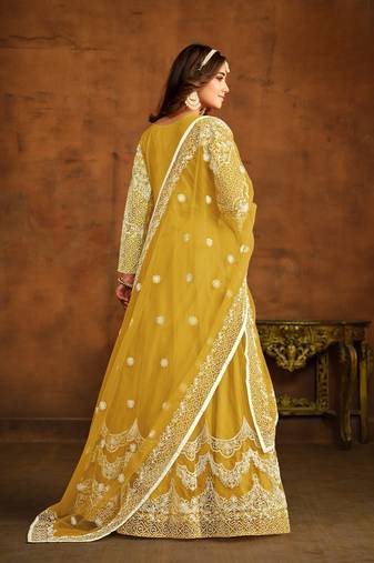 Yellow embroidered net semi stitched anarkali suit