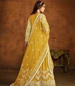 Yellow embroidered net semi stitched anarkali suit