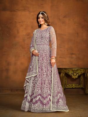 Lavender embroidered net anarkali suit 1