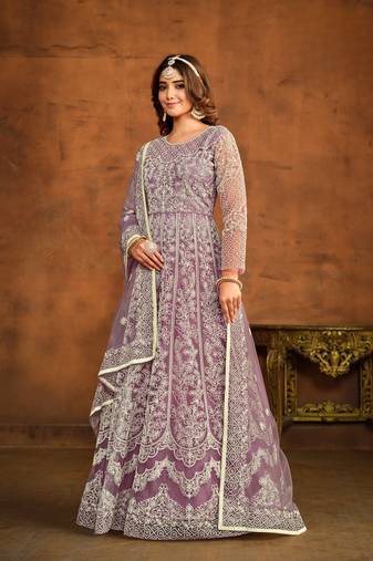 Lavender embroidered net semi stitched anarkali suit