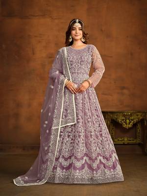 Lavender embroidered net anarkali suit 2
