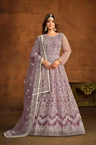 Lavender embroidered net anarkali suit