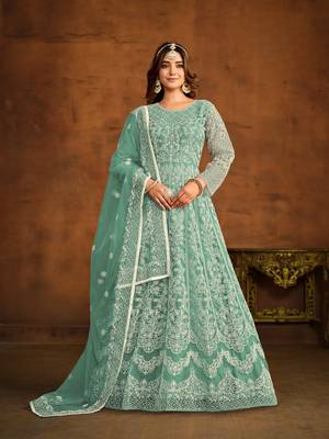 Sky blue embroidered net anarkali suit 1