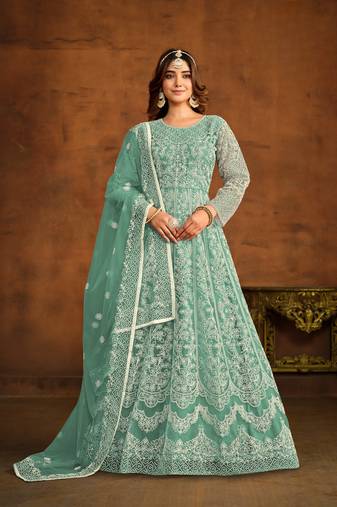 Sky blue embroidered net semi stitched anarkali suit