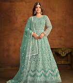 Sky blue embroidered net semi stitched anarkali suit