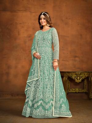 Sky blue embroidered net anarkali suit 2