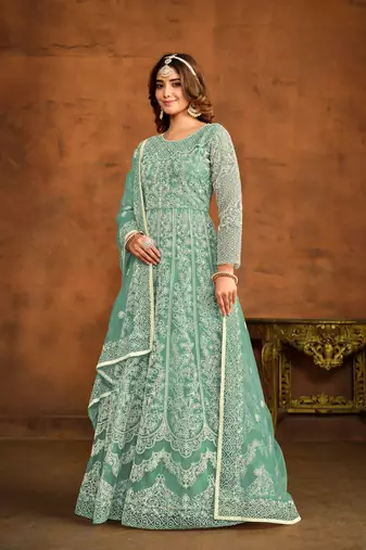 Sky blue embroidered net anarkali suit