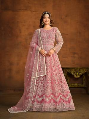 Pink embroidered net anarkali suit 1