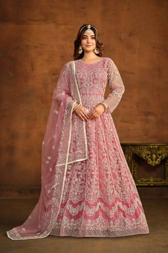 Pink embroidered net semi stitched anarkali suit