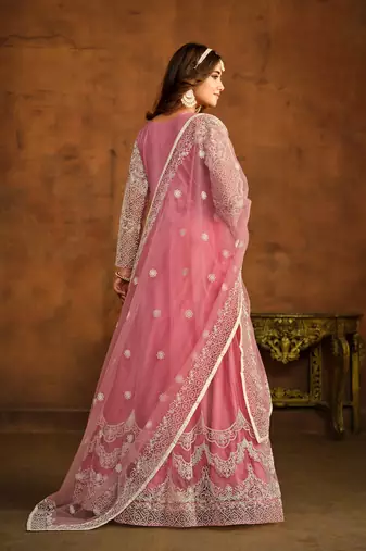 Pink embroidered net anarkali suit