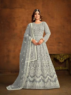 Grey embroidered net anarkali suit 1