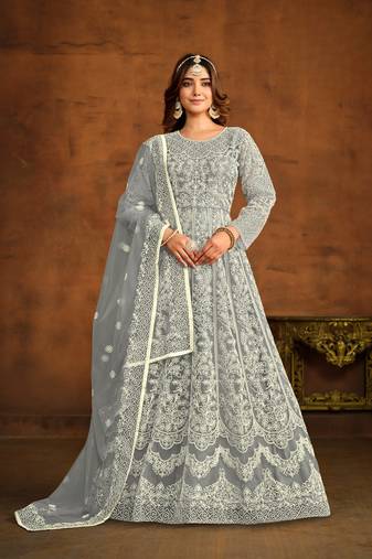 Grey embroidered net semi stitched anarkali suit
