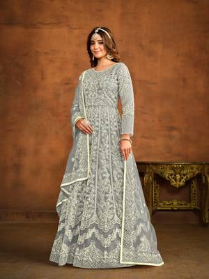Grey embroidered net anarkali suit 2