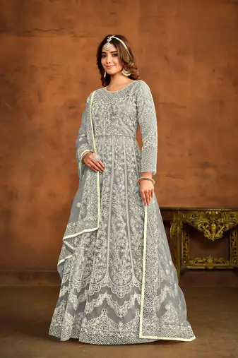 Grey embroidered net anarkali suit