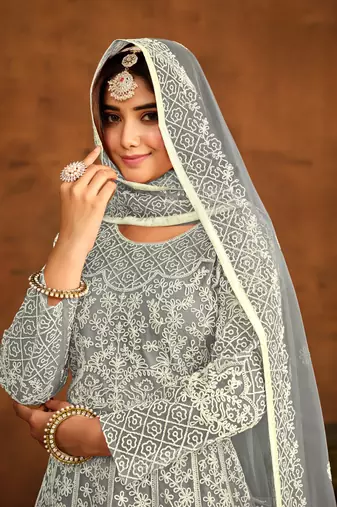 Grey embroidered net anarkali suit