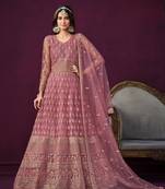 Pink embroidered net semi stitched anarkali suit