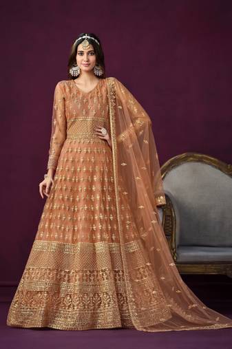 Orange embroidered net semi stitched anarkali suit
