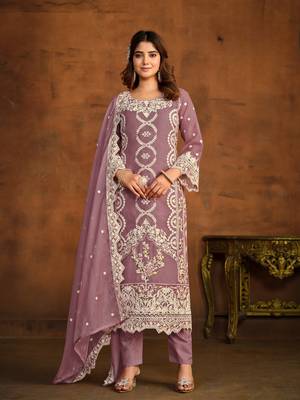 Lavender embroidered soft organza semi stitched salwar suit 1