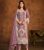 Lavender embroidered soft organza semi stitched salwar suit