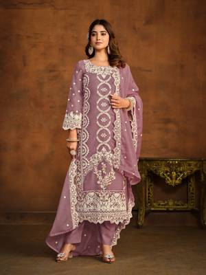 Lavender embroidered soft organza semi stitched salwar suit 2