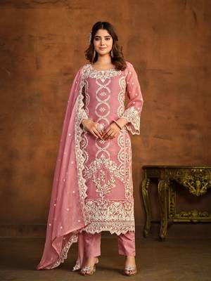 Light pink embroidered soft organza semi stitched salwar suit 1