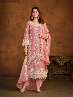 Light pink embroidered soft organza semi stitched salwar suit 2