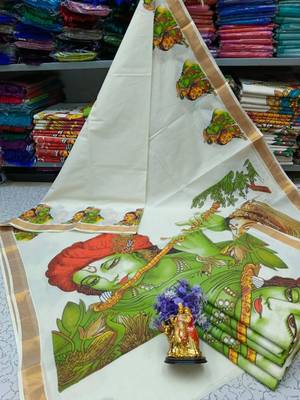 off white green hand painted lord krishna kasavu cotton saree 1