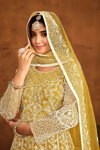 Yellow embroidered net anarkali suit