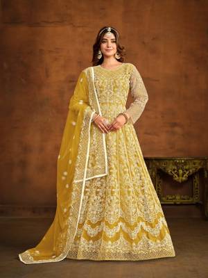 Yellow embroidered net anarkali suit 2