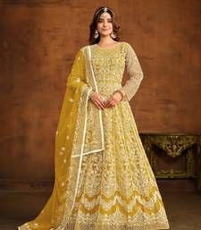 Yellow embroidered net anarkali suit