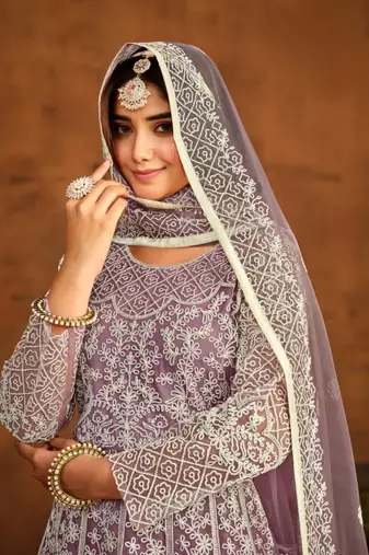 Lavender embroidered net anarkali suit