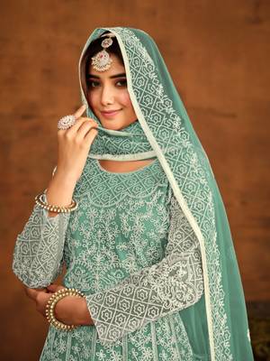 Sky blue embroidered net anarkali suit 3