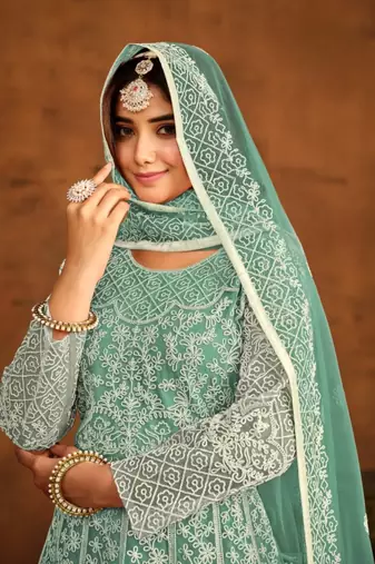 Sky blue embroidered net anarkali suit