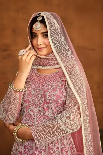 Pink embroidered net anarkali suit