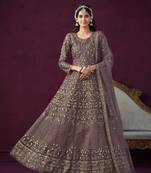 Grey embroidered net semi stitched anarkali suit