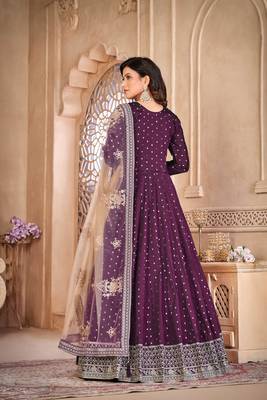 Purple embroidered tapeta silk semi stitched anarkali suit 2