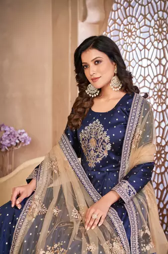 Navy blue embroidered tapeta silk anarkali suit