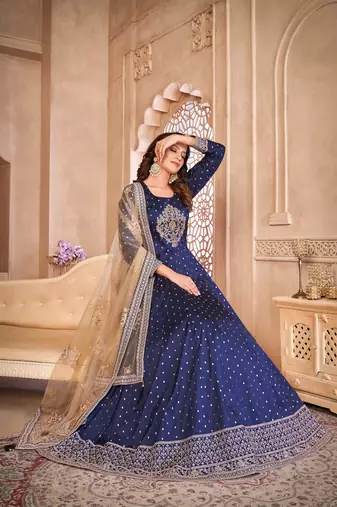 Navy blue embroidered tapeta silk anarkali suit