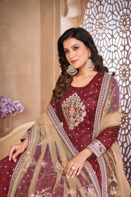 Maroon embroidered tapeta silk semi stitched anarkali suit 2