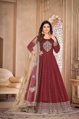 Maroon embroidered tapeta silk semi stitched anarkali suit 1