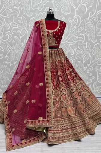 Women's Rani Pink Velvet Multi Thread Embroidered with Zircon Diamond Wedding Lehenga Choli