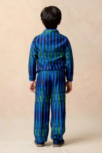 Blue green stripes printed shacket with loose fitted pants