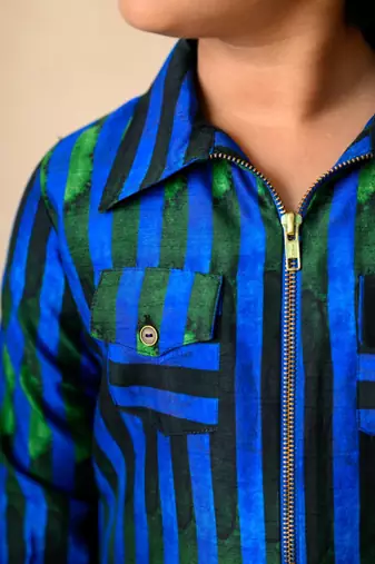 Blue green stripes printed shacket with loose fitted pants